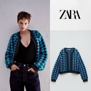 NWT ZARA Blue & Black Houndstooth Cardigan